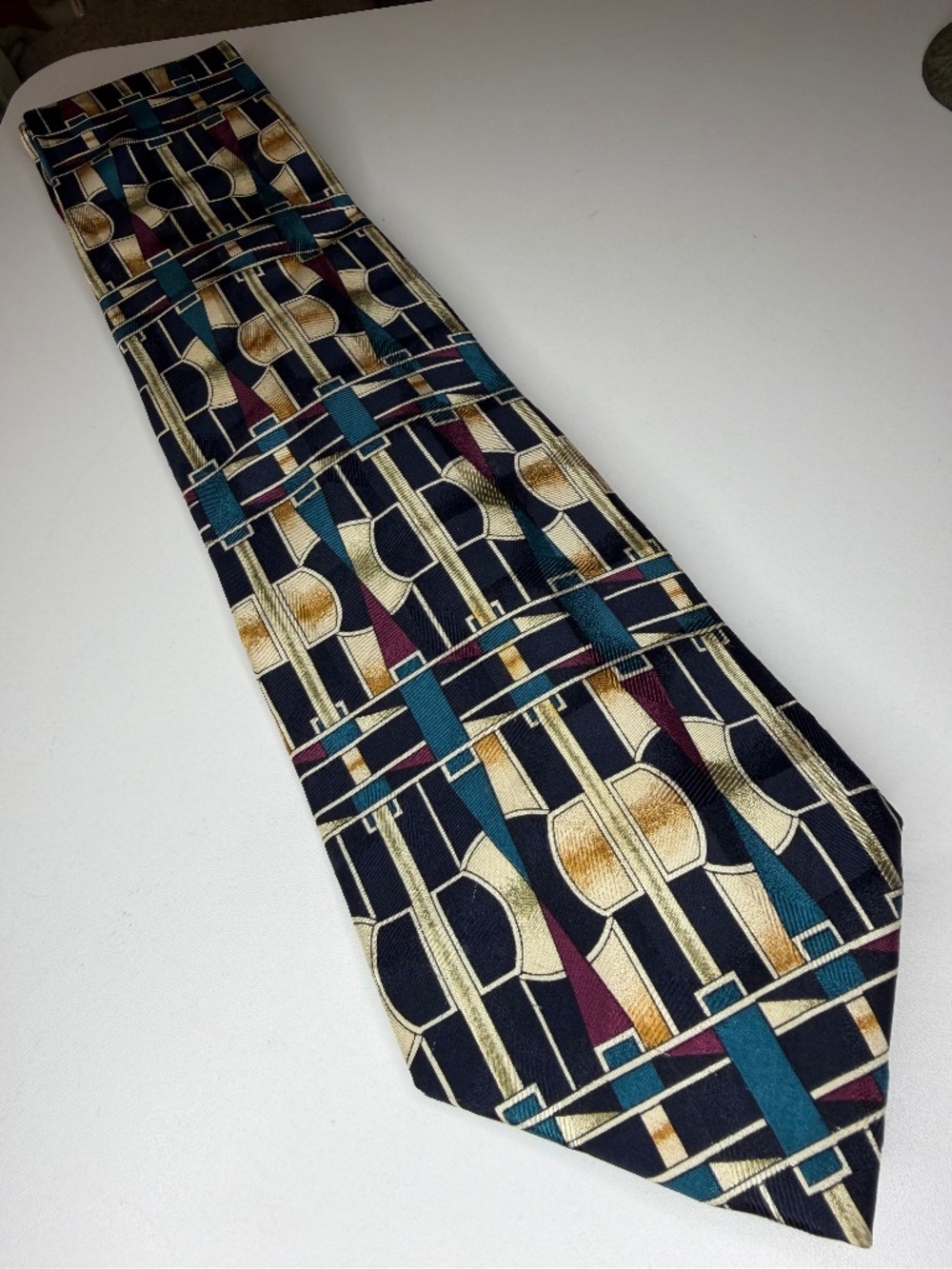 Vintage Robert Stock Necktie Silk Geometric Teal Burgundy Gold 59" Long